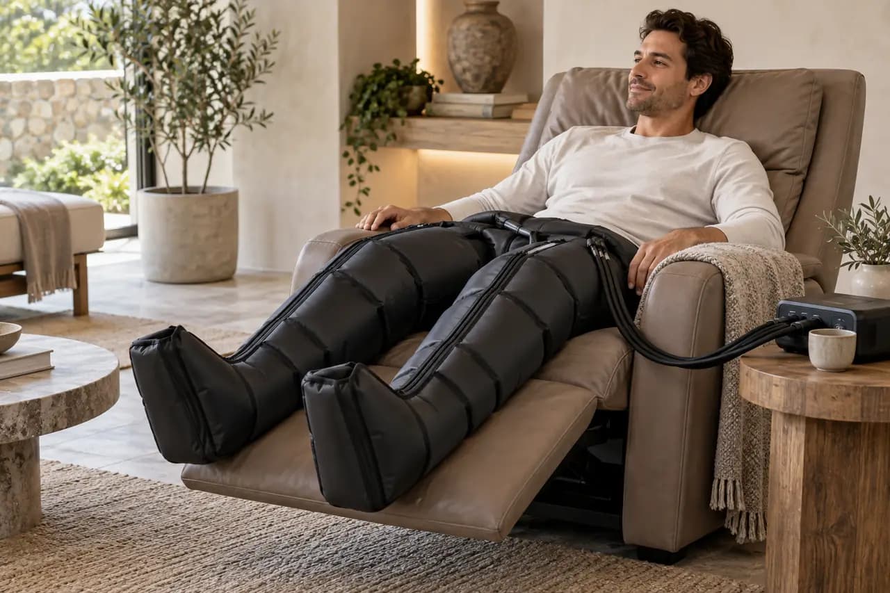 Illustrative compression boot therapy in a recovery lounge