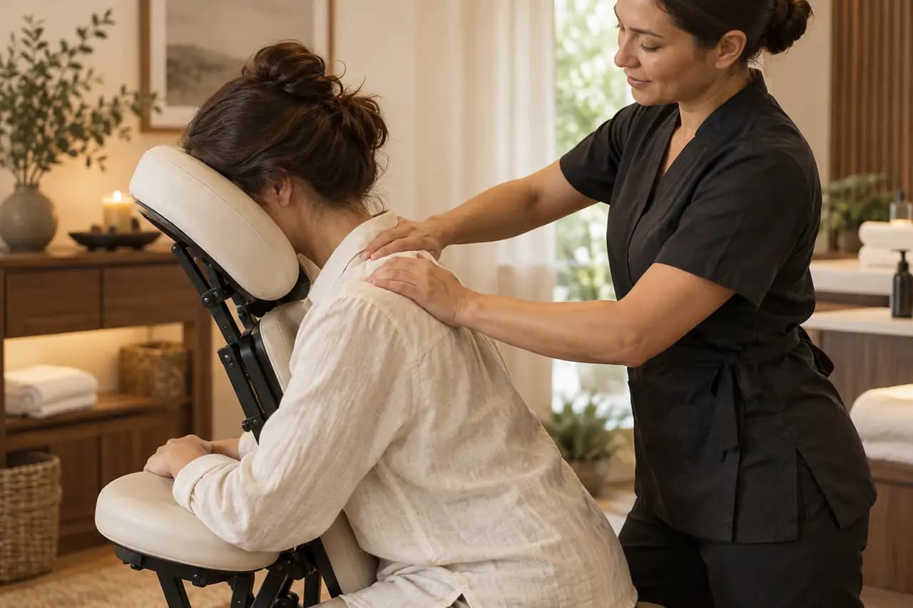 Illustrative fully clothed shoulder massage in a restorative studio