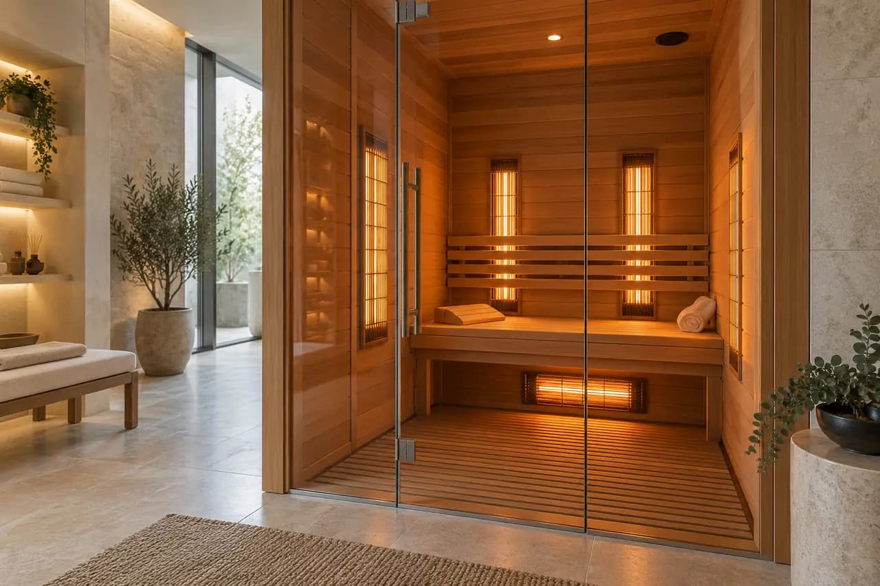 Illustrative private infrared sauna with natural cedar finishes