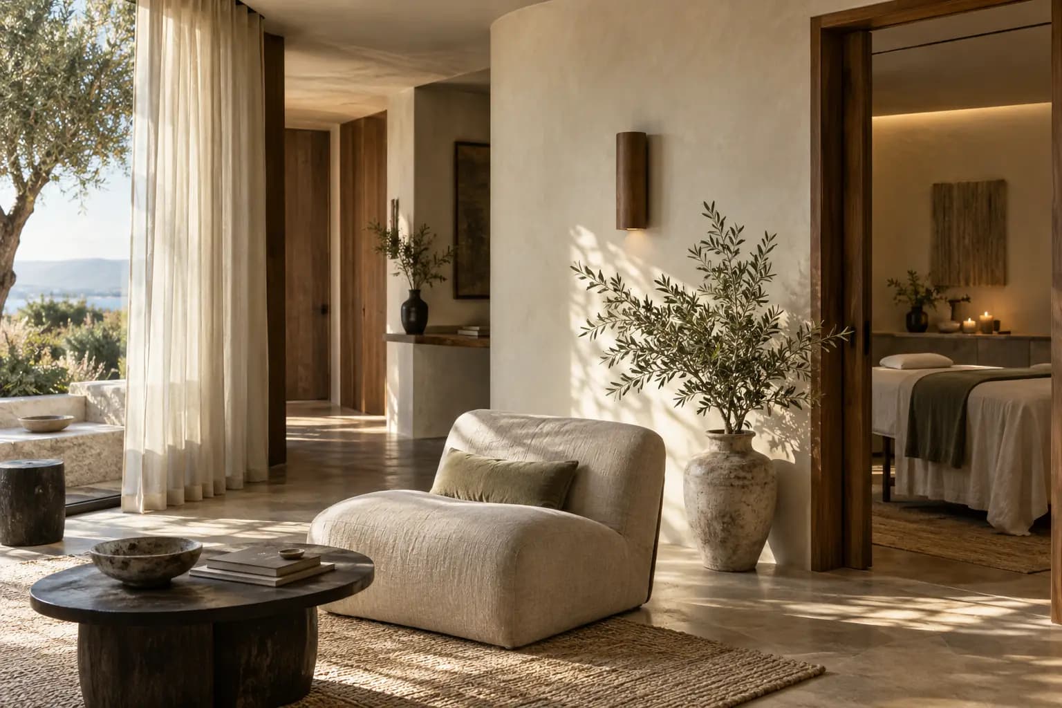 Illustrative sunlit wellness studio with natural finishes